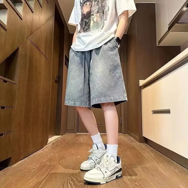 メンズショートパンツジーンズブルーデニムジョーツだぶだぶ原宿パンツストリート Y2k ユニセックスオーバーサイズ韓国ファッションヴィンテージ夏服
