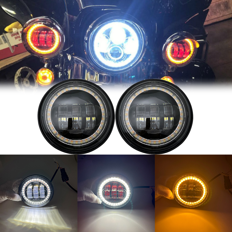 2 個 4.5 インチ ラウンド ブラック LED フォグランプ レッドデーモンアイ/ホワイト DRL/アンバー ターンシグナルライト付き エレクトラグライド用