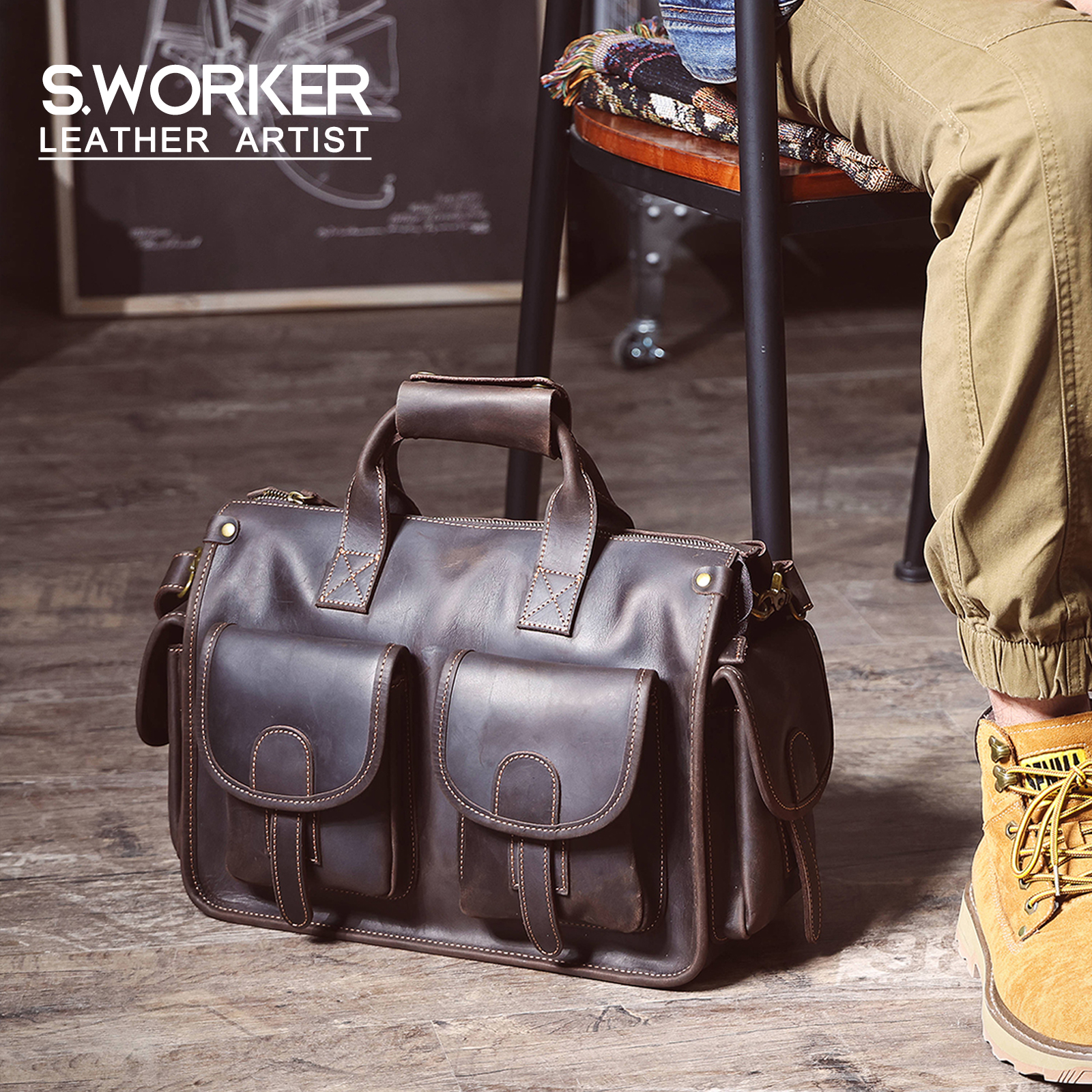 S.WORKER ヴィンテージ本革メンズブリーフケース 14 "ラップトップバッグクレイジーホースレザーメッセンジャーハンドバッグ牛革アイデアギフト男性のための