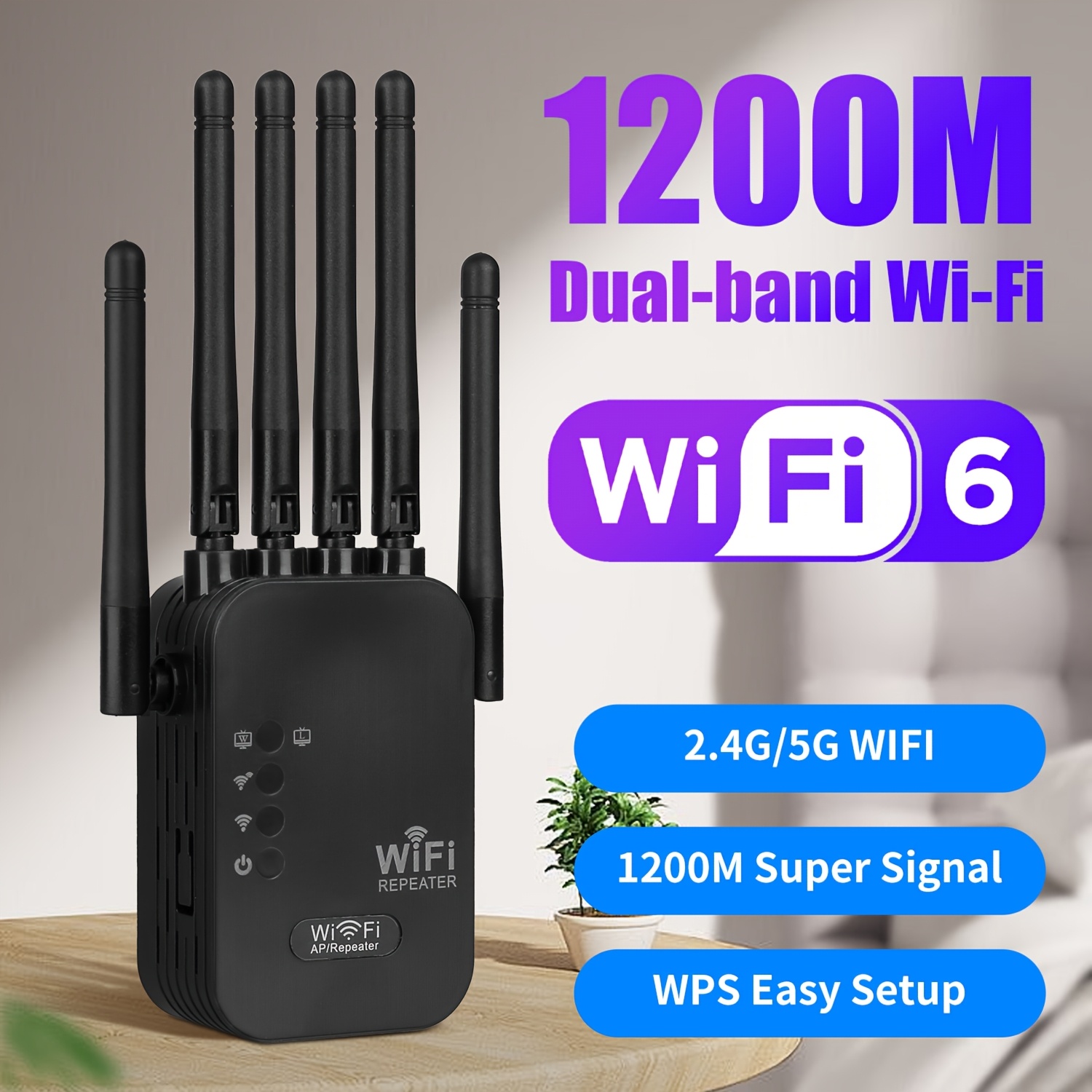 デュアルバンドギガビットイーサネットポート、WiFi 6 エクステンダー、あらゆるルーターで動作、ユニバーサル互換性、50 台のデバイス用の 6 つのアンテナ