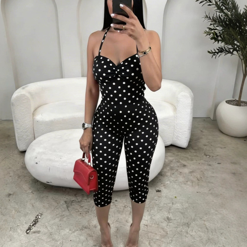 セクシーでファッショナブルなホルターポルカドットプリント遊び着女性背中の開いた夏黒ジャンプスーツロンパース女性服