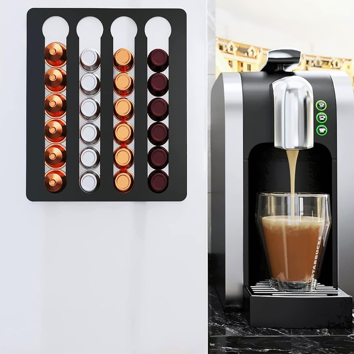 コーヒーカプセルラック コーヒーポッドホルダー 20個の金属ポッドコーヒーカプセルに適しています 冷蔵庫コーヒーマシンの壁取り付け用