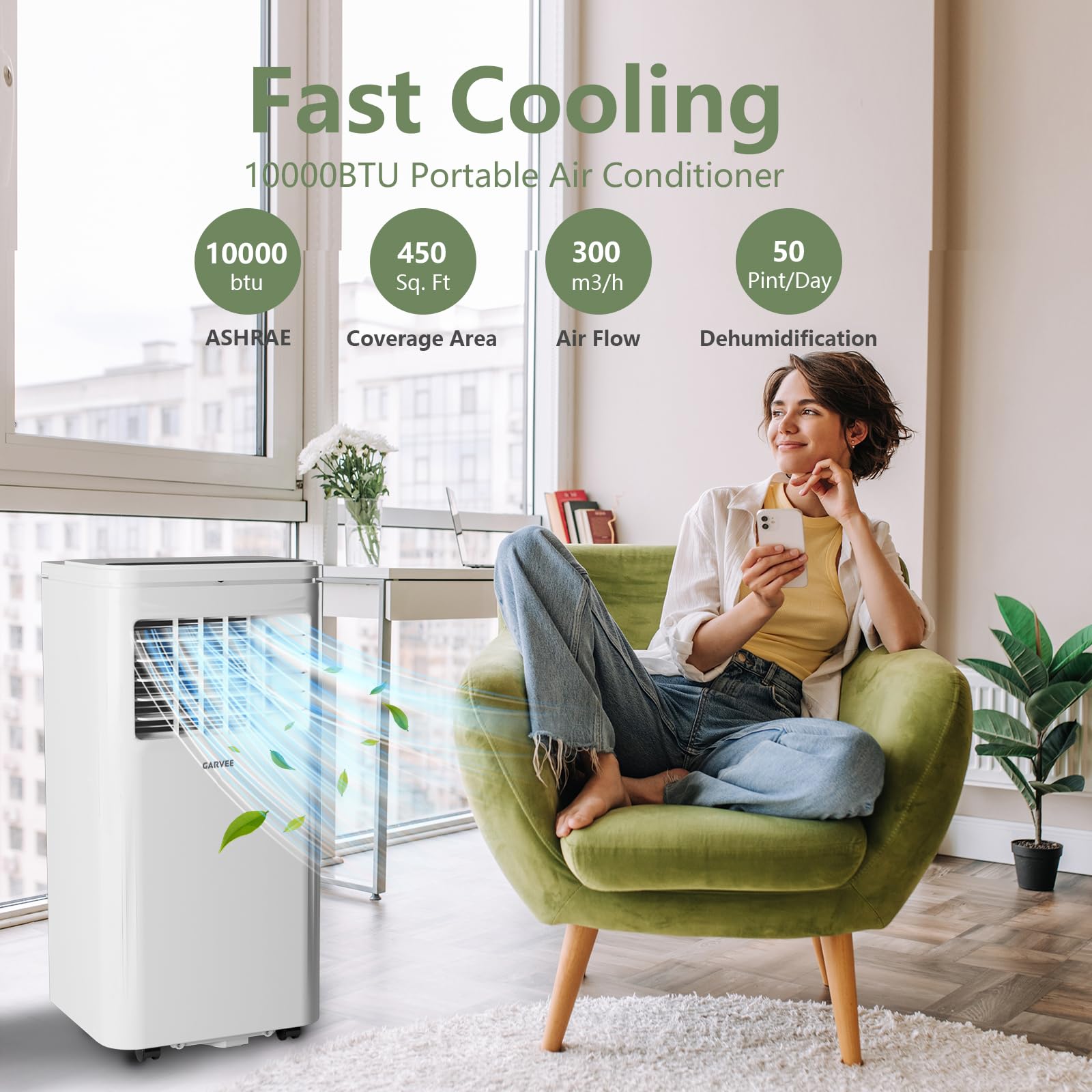 10000 BTU ポータブルエアコン 3 in 1 ポータブル AC ユニット、冷却除湿機とファンスリープモードリモコン付き、最大 450 平方フィート、寝室、オフィス、リビングルーム用