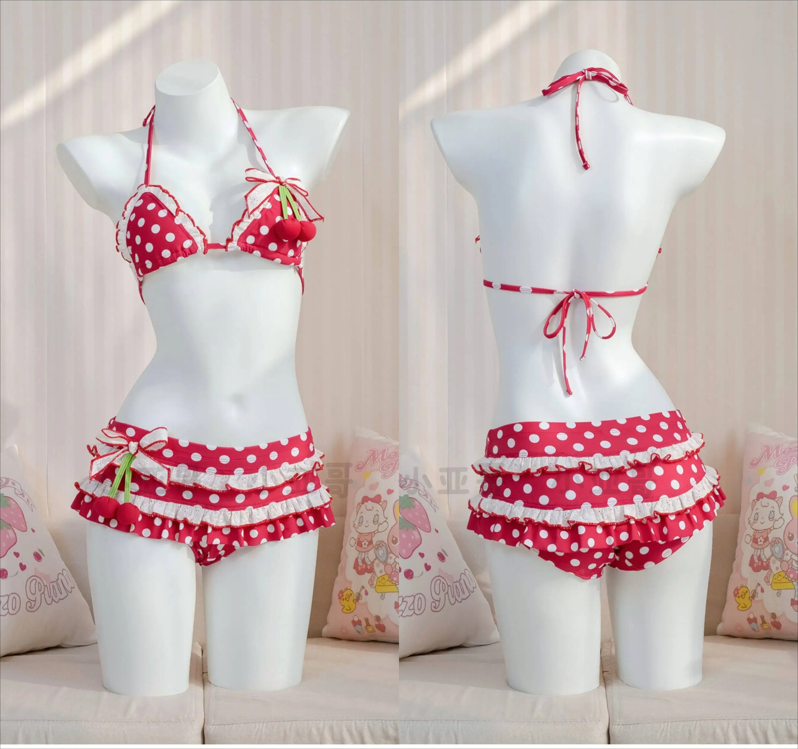 赤い水玉模様のビキニセット チェリービキニ水着 女の子 温泉旅行 かわいいロリータスタイル フリル付き水着 女性用