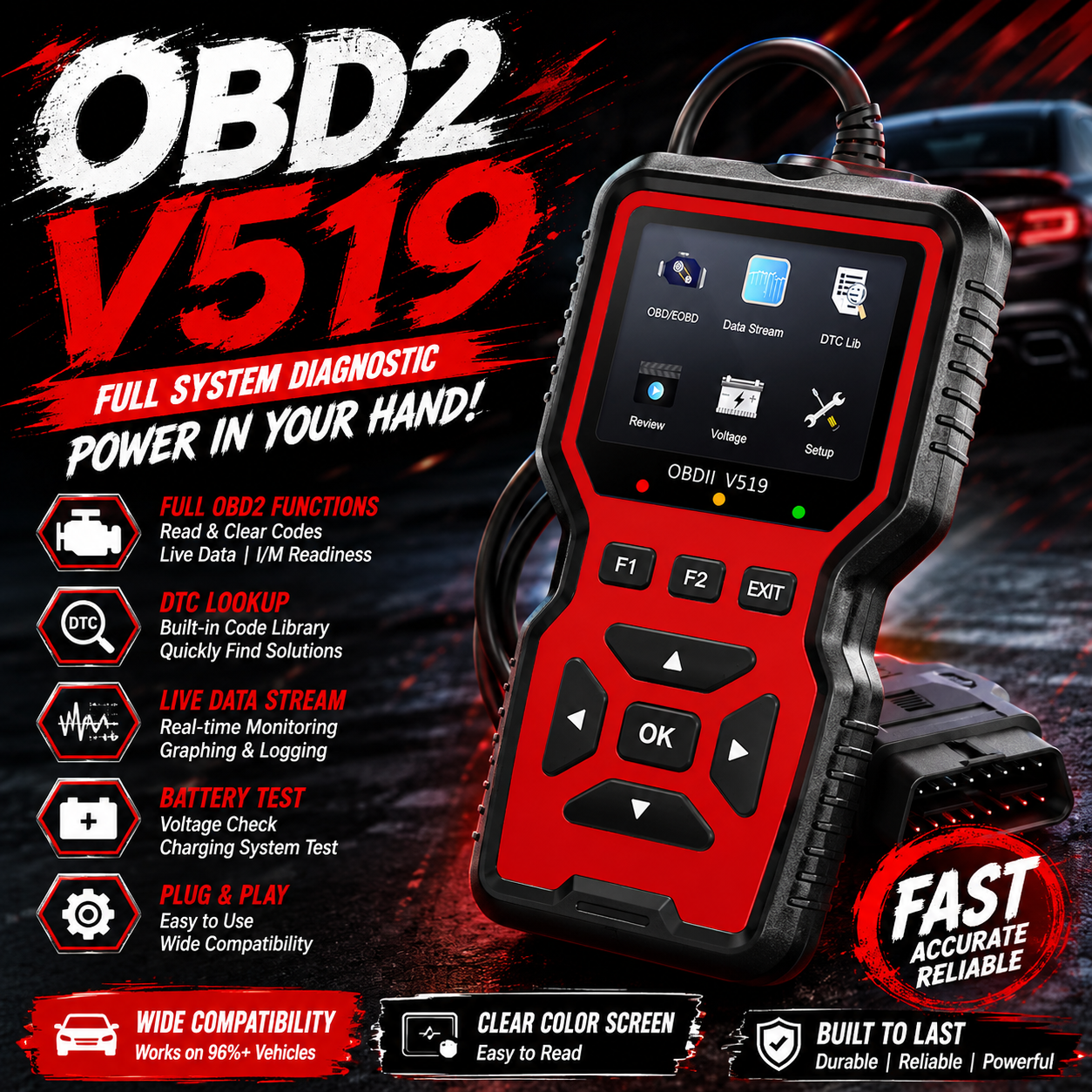 V519 Obdii 車診断スキャナー、ライブデータストリーム、エンジンコードリーダー、故障コードイレーザー、DIY 整備士用自動車スキャンツール付き