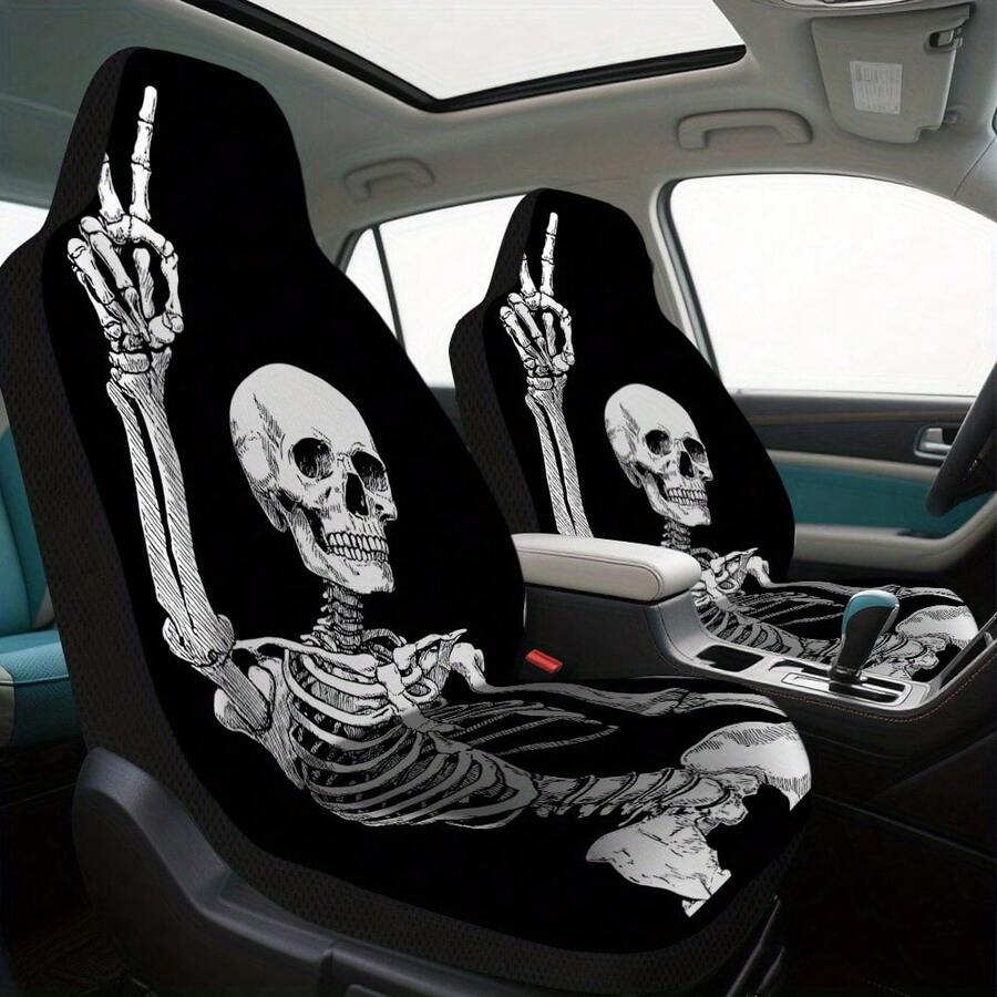 ハロウィン スカルプリント カーシートカバー 2枚セット ユニバーサル フロントシートプロテクター ポリエステル
