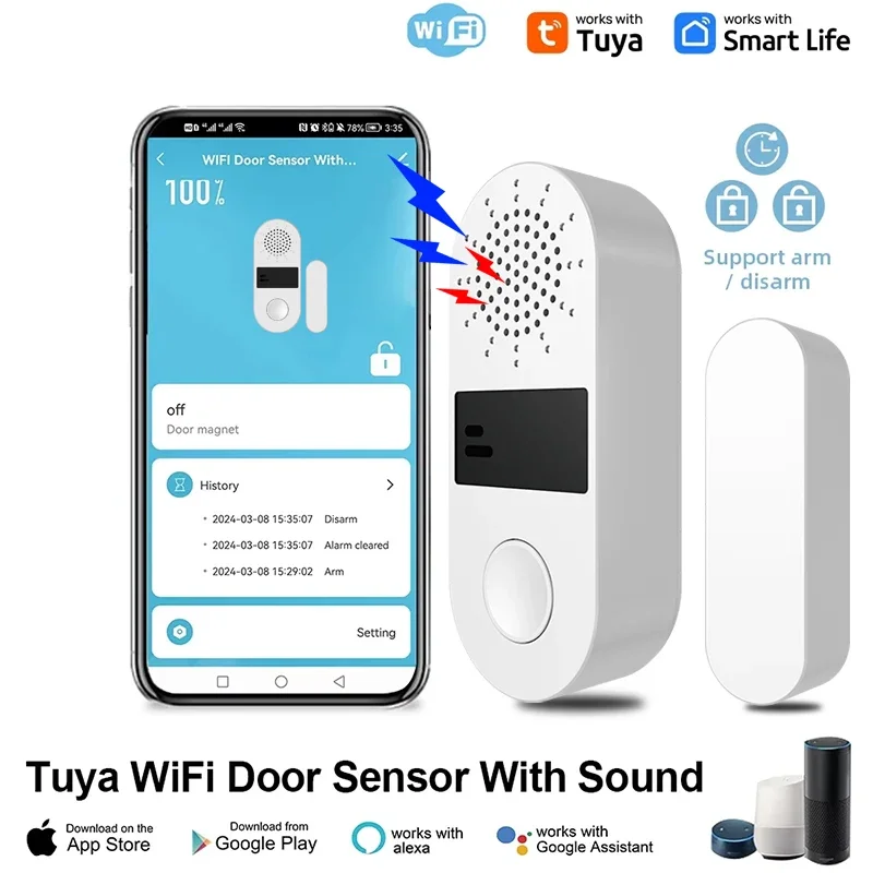 Tuya WiFi ドアウィンドウセンサー音と光アラームホームセキュリティワイヤレス磁気盗難防止スマート音声制御保護