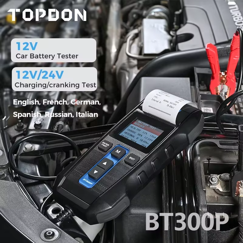 TOPDON 12V カーバッテリーテスター プリンター付き 自動充電クランキング バッテリーアナライザー バッテリー負荷テスト オートバイ用 BT300P