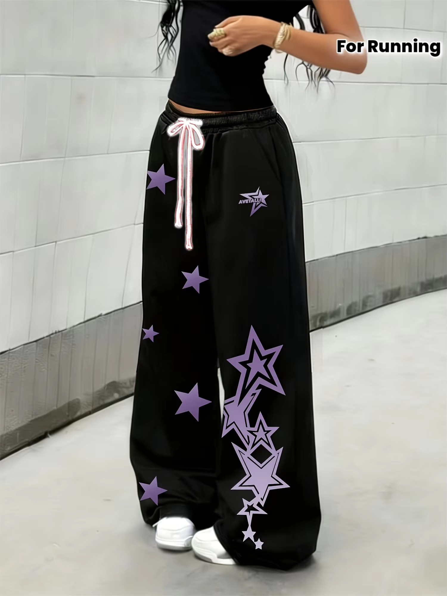2026 新黒紫スタープリントファッショナブルなパンツ 3D 男性と女性の弾性巾着ウエストパンツ Y2K ランニングストリート