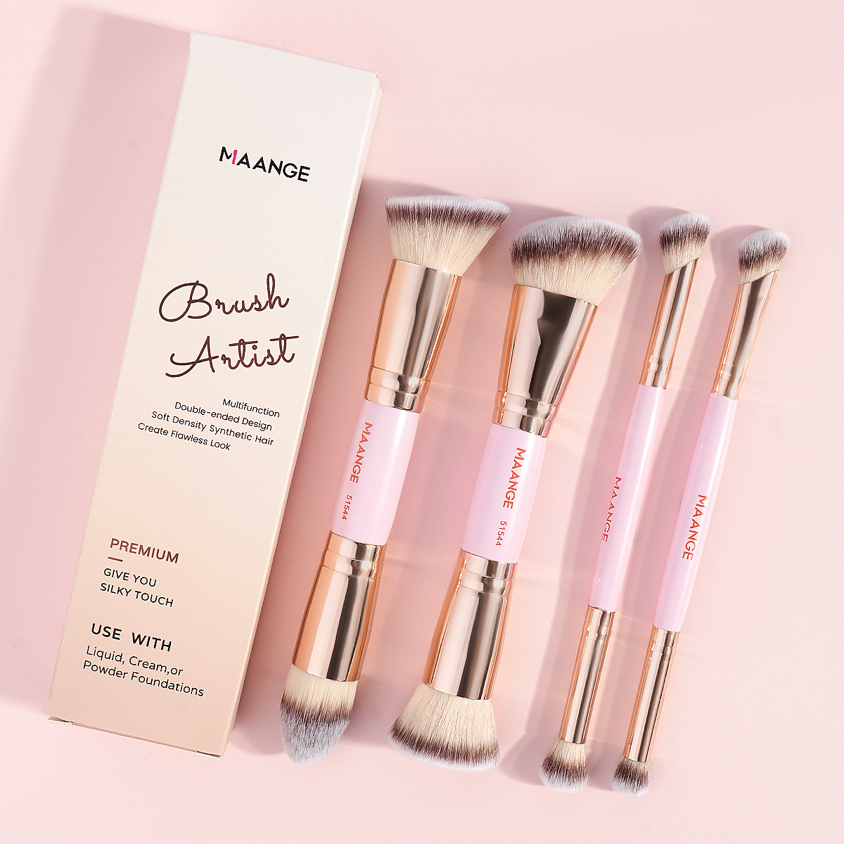 MAANGE ベーシックメイクアップブラシ 4 本セット ボックス付き デュアルエンドファンデーションパウダーブラッシュ詳細 アイシャドウブラシ 初心者旅行用