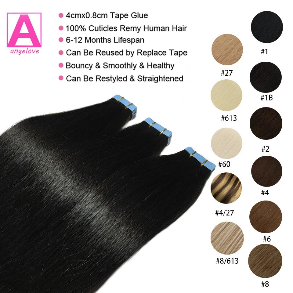 ストレートテープ人毛エクステンション自然なヘアエクステンション 1B 100% レミースキン横糸接着剤サロン用の高品質