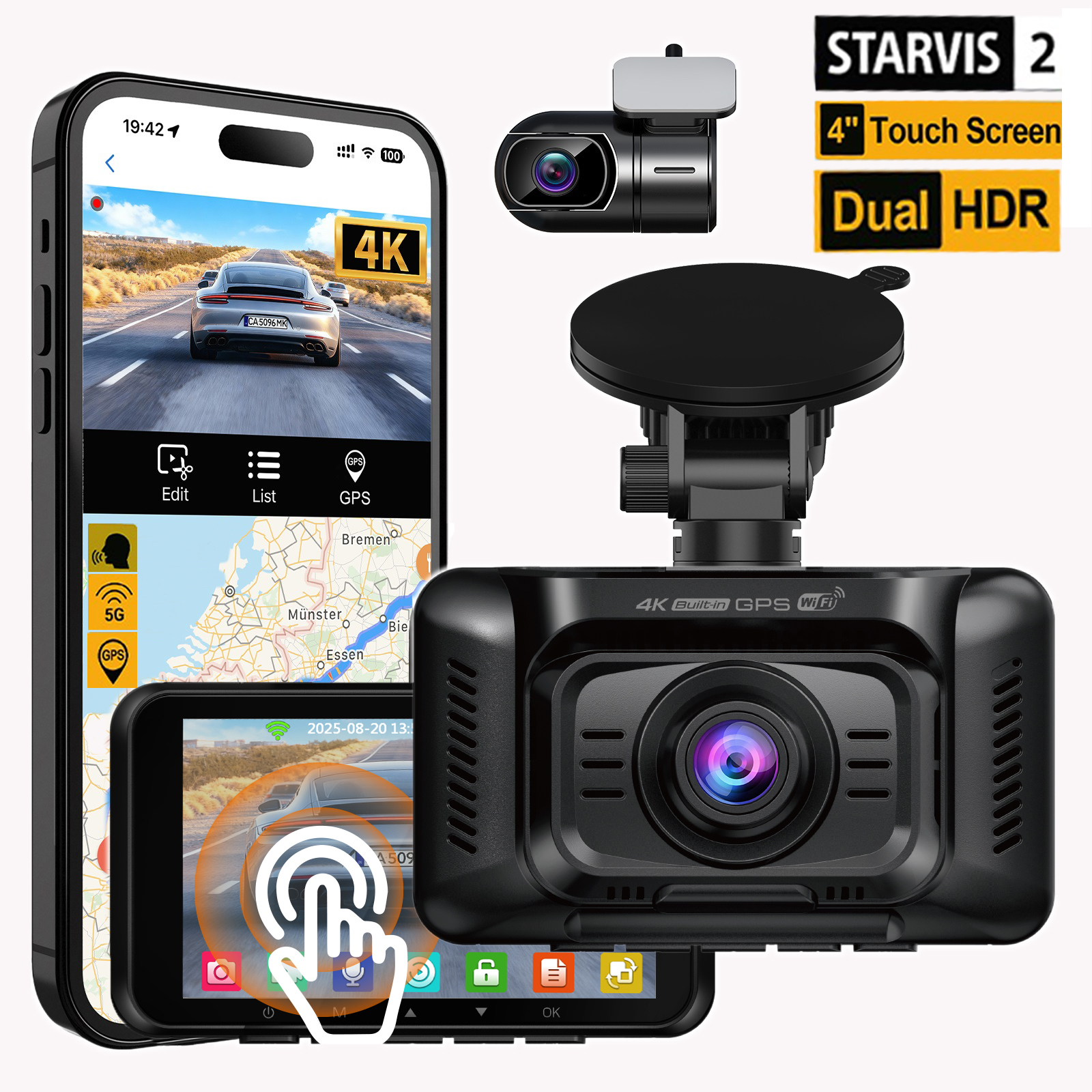 HUPEJOS 4K 2CH ダッシュカム フロントとリア STARVIS 2 DualHDR、4インチ タッチスクリーン 内蔵 GPS 5G WiFi、音声制御、WDR、24/7 駐車モード