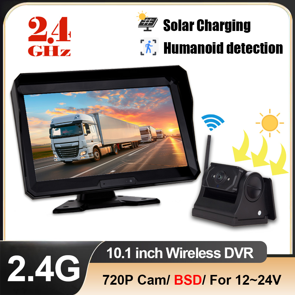 10.1インチワイヤレス車両DVR 2.4G BSD録画モニターシステムキットソーラー充電720Pバックアップリアビューカメラ付きトラック/RV/バス用