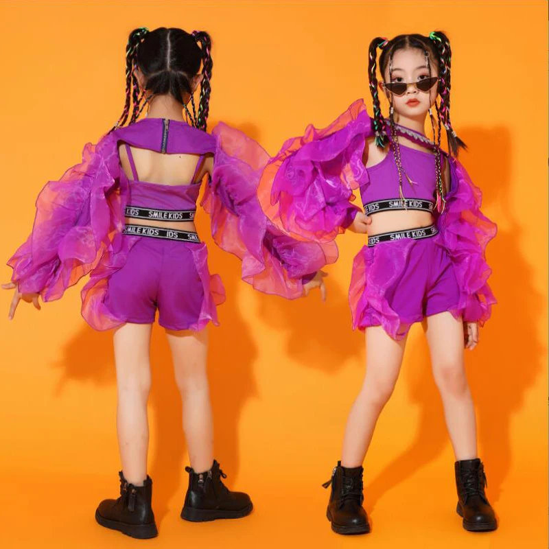 子供ティーンヒップホップ服パープルホルターふくらん長袖トップ作物タンクバブルショーツ女の子ジャズダンス衣装服セット