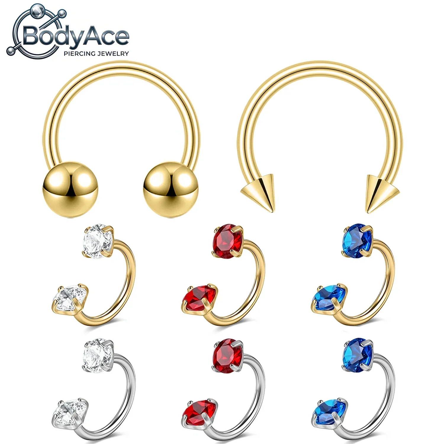 BodyAce 1 PC 20/16 グラム ASTM-F136 チタン鋼鼻リング CZ クリスタルセプタムピアス馬蹄耳軟骨ヘリックスピアス 6-10 ミリメートル