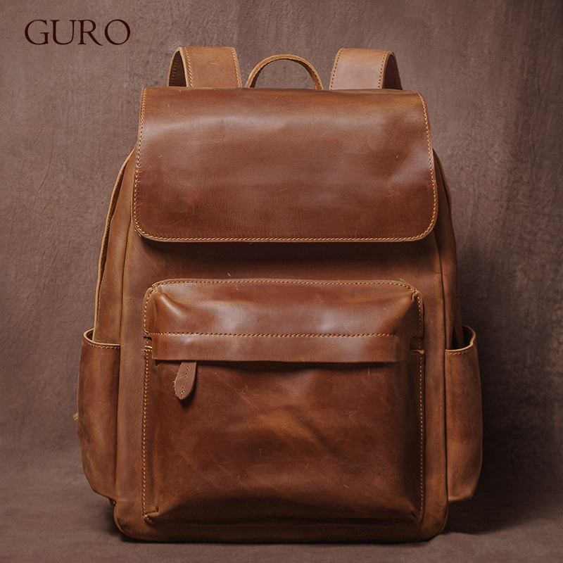 GURO ヴィンテージ本革バックパックメンズ週末高級旅行バックパックトップクレイジーホース牛革通学 16 インチのラップトップ
