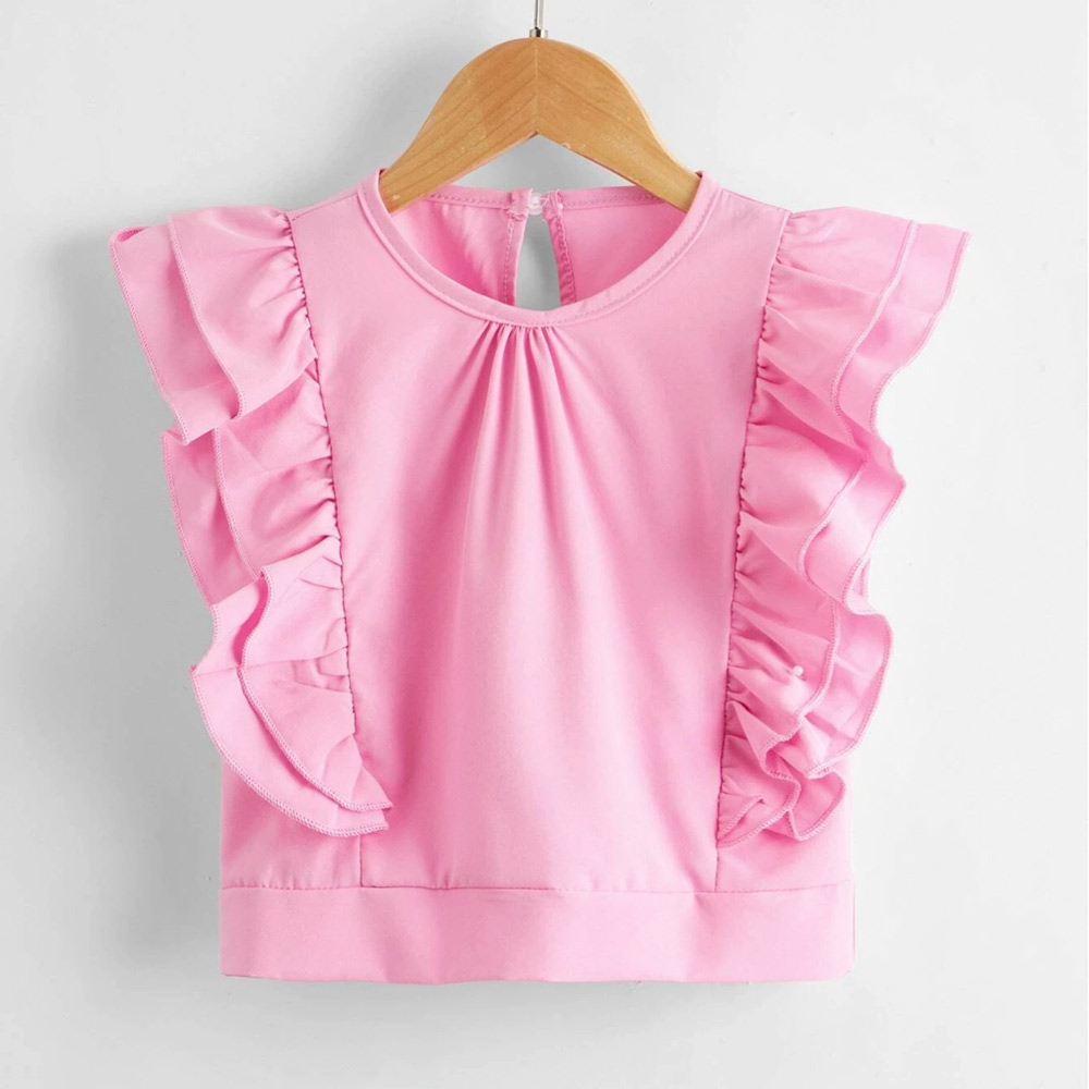 新着女の子トップスと Tシャツフリル半袖と無地女の子子供トップス