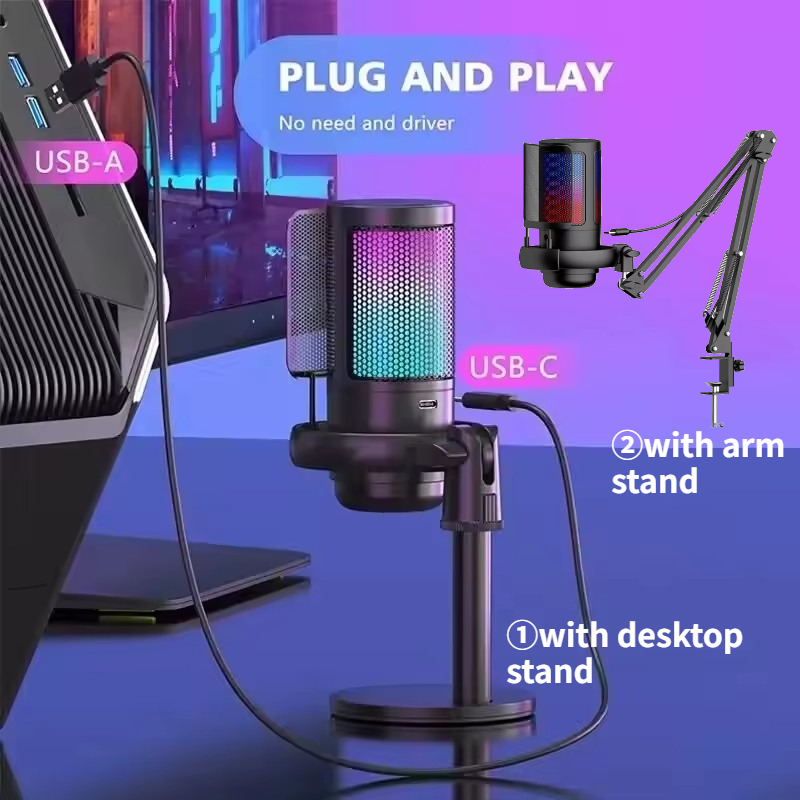 USB マイク PC Mac ゲーム録音ポッドキャスト PC コンデンサーマイク RGB ライトショックマウントサウンドモニター付き microfone ゲーマー