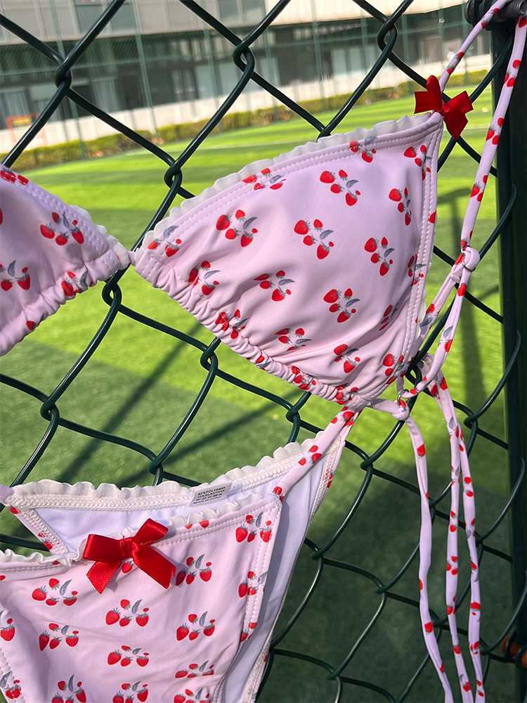 プリントビキニ女性の水着ピンク水着水着包帯ビキニセットボウ Biquini ローウエスト夏のビーチウェア
