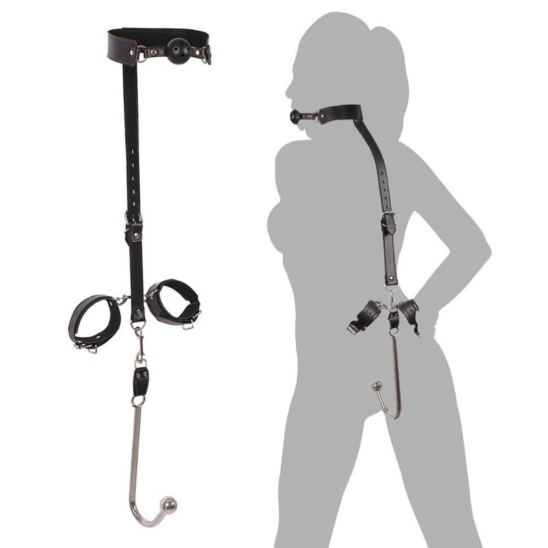 アダルトセックス製品のBDSMガイドバックハンドマウスプラグフック付き上下手錠金属アナルプラグレザーバインディングおもちゃ