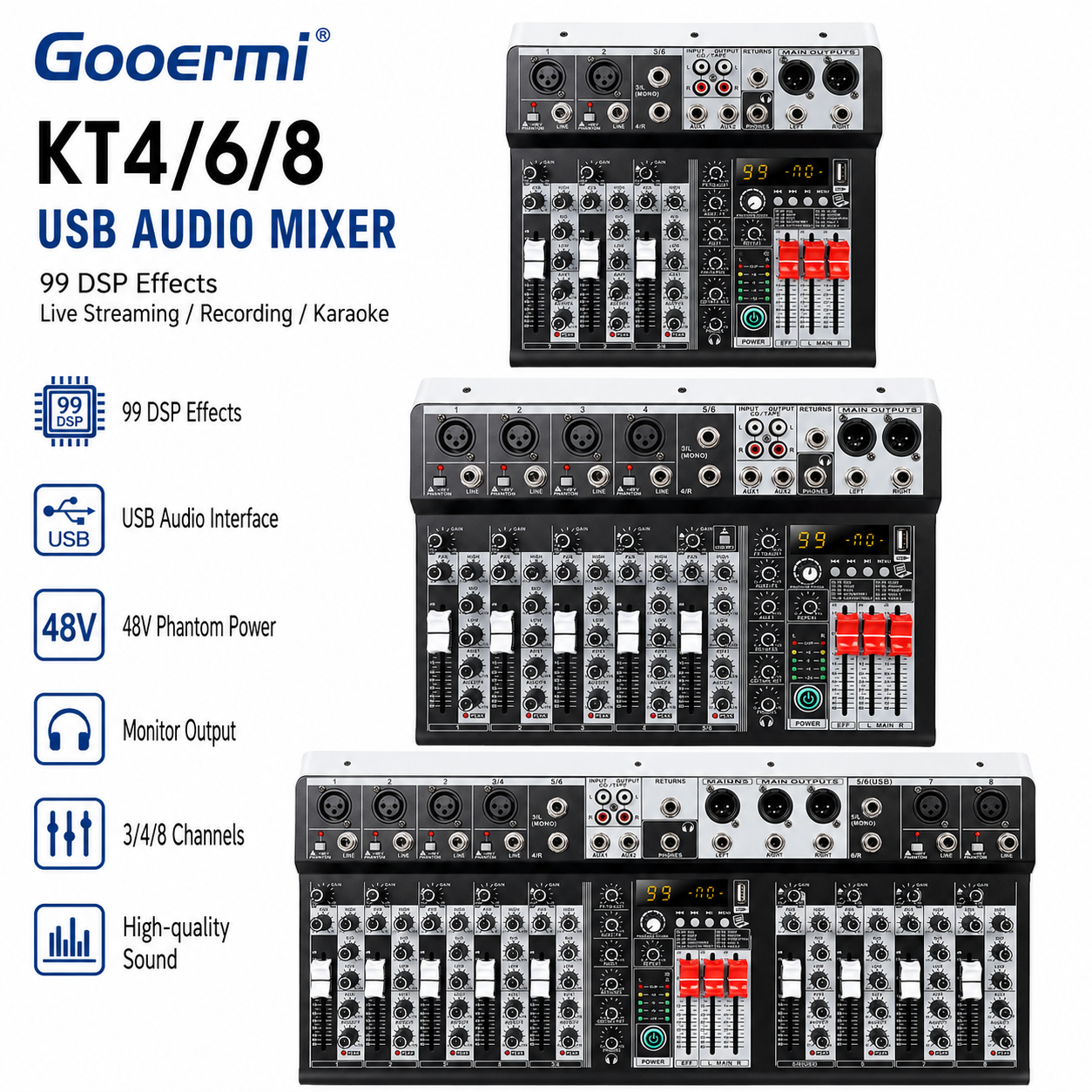 GOOERMI KT4/6/8 USB オーディオミキサーサウンドカード 48V ファンタム電源付き 99 DSP エフェクトライブストリーミング録音カラオケ用
