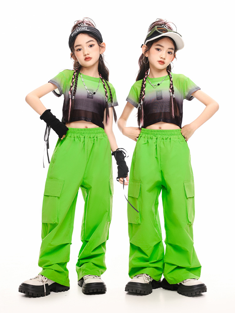 Children Cool Hip Hop Semi Transparent Mesh Crop Top T Shirt Green Casual Ruched Cargo Pants for Girl Jazz Dance Costume Clothes