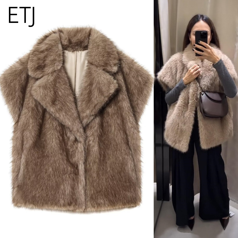ETJ 女性の春の新作コレクション限定版ルーズバージョンフェイクファーチョッキストリートファッション暖かいラペルファーベスト