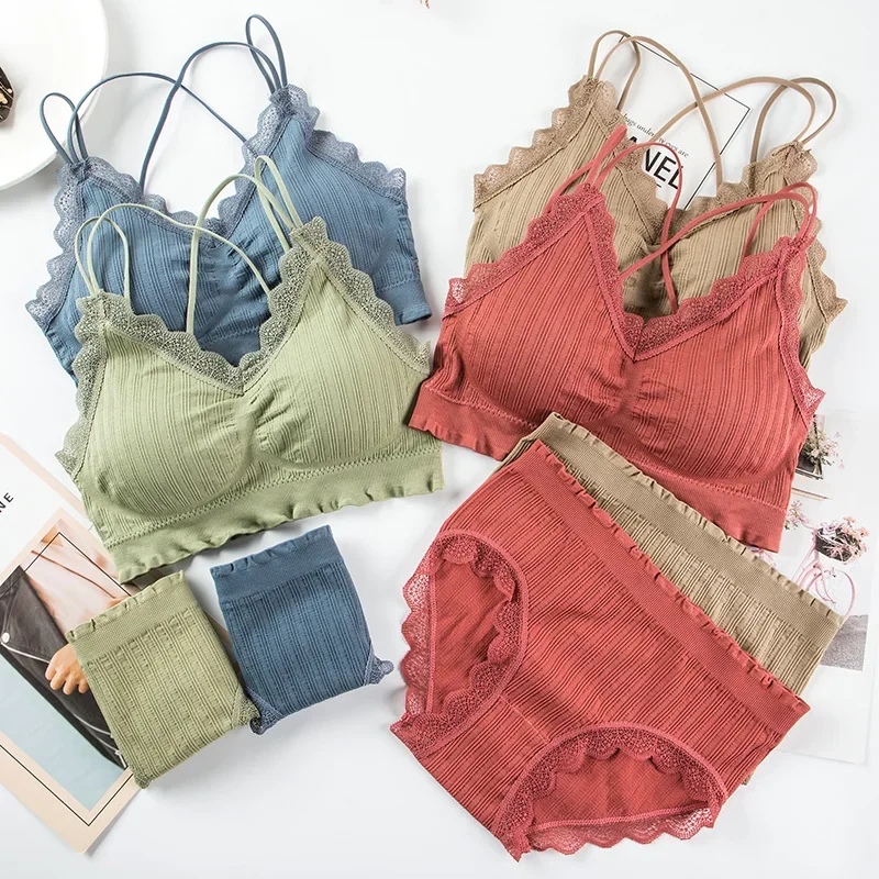 セクシーなシームレストップスセットハイウエストパンティー女性ワイヤレス下着スーツソフトパッド入りブラジャーセット背中の開いた Bralette ランジェリー