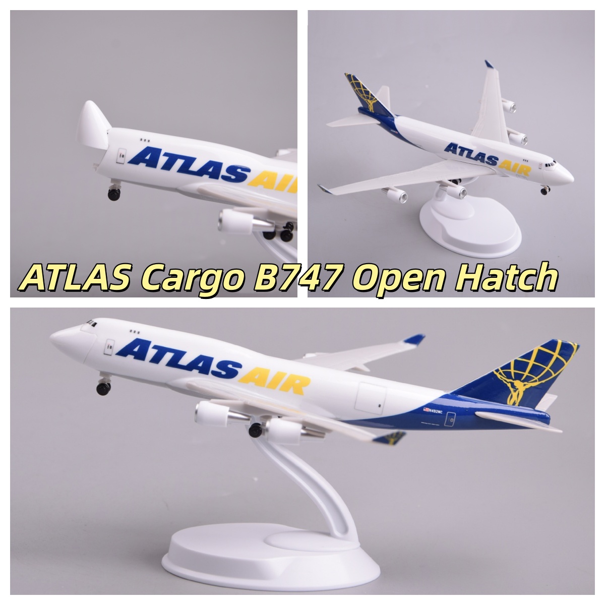 アトラス航空貨物 B747 ハッチを開くことができ 20 センチメートルスケール航空機モデル ABS おもちゃ子供のためのミニチュア飛行機ディスプレイギフト