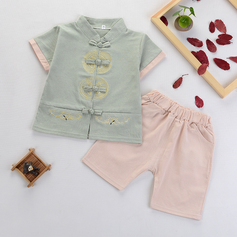 夏のベビー韓服ツーピースセット子供服コットンリネントップショートボーイセット唐衣装ガールスーツカジュアルキッズ衣装