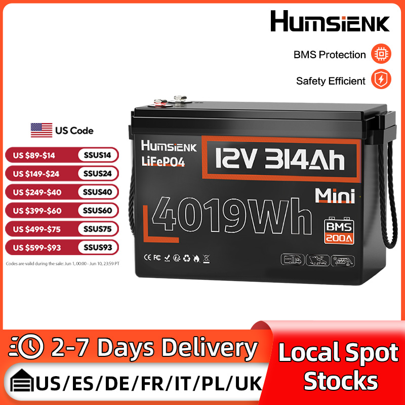 Humsiek 12V 314Ah LiFePO4 バッテリー 4019Wh エネルギー 200A BMS A セル 2 年保証付き、UL1973、RV、バン、トローリングモーター、キャンプ用