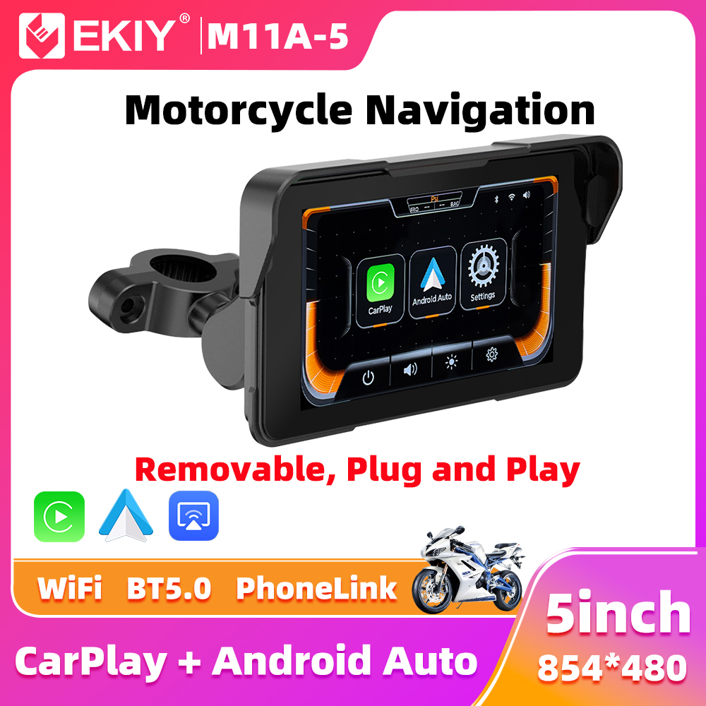 EKIY 5.0 インチワイヤレス CarPlay Moto Android Auto ポータブルデジタルオートバイダッシュボード GPS ナビゲーション取り外し可能な表示画面