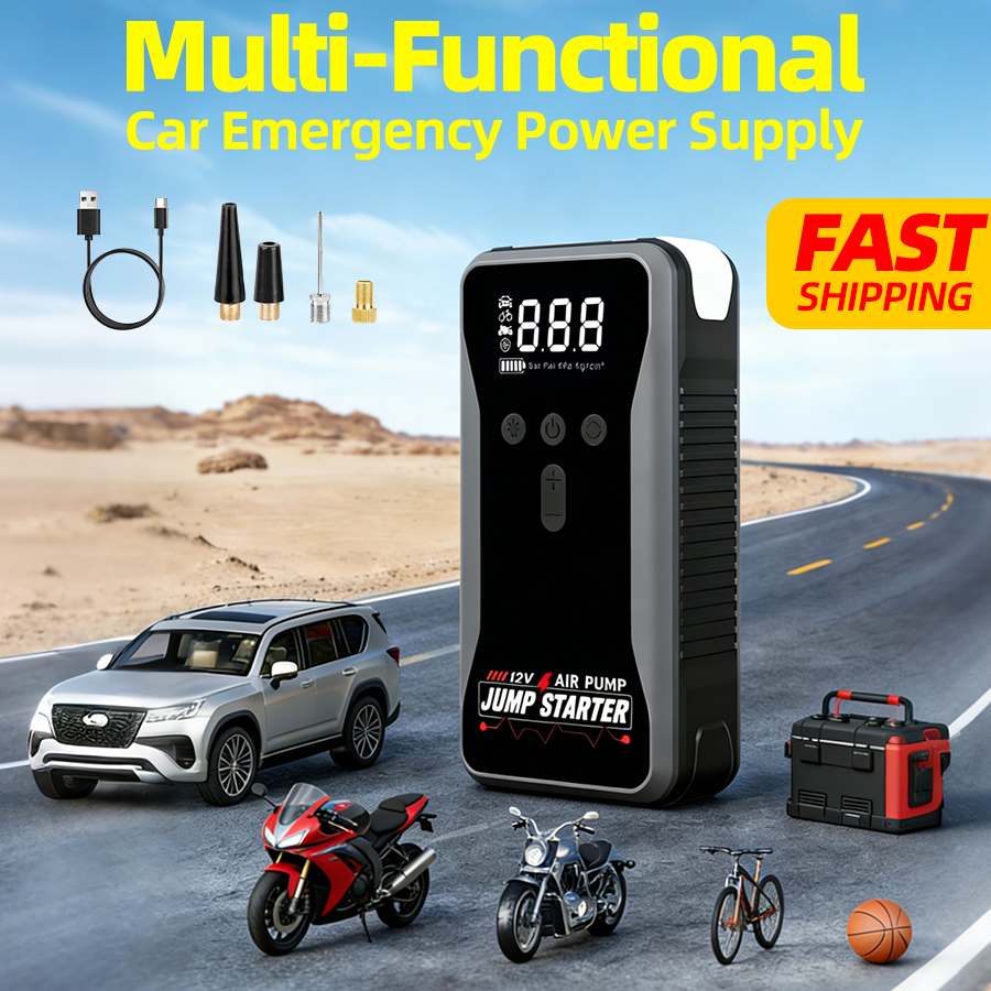 ポータブル大容量 12V 8000A スマート緊急車ジャンプスターター、エアコンプレッサー、多機能緊急懐中電灯、パワーバンク、エアポンプ付き。すべてのガソリン車およびすべてのタイプの車両に適しています。