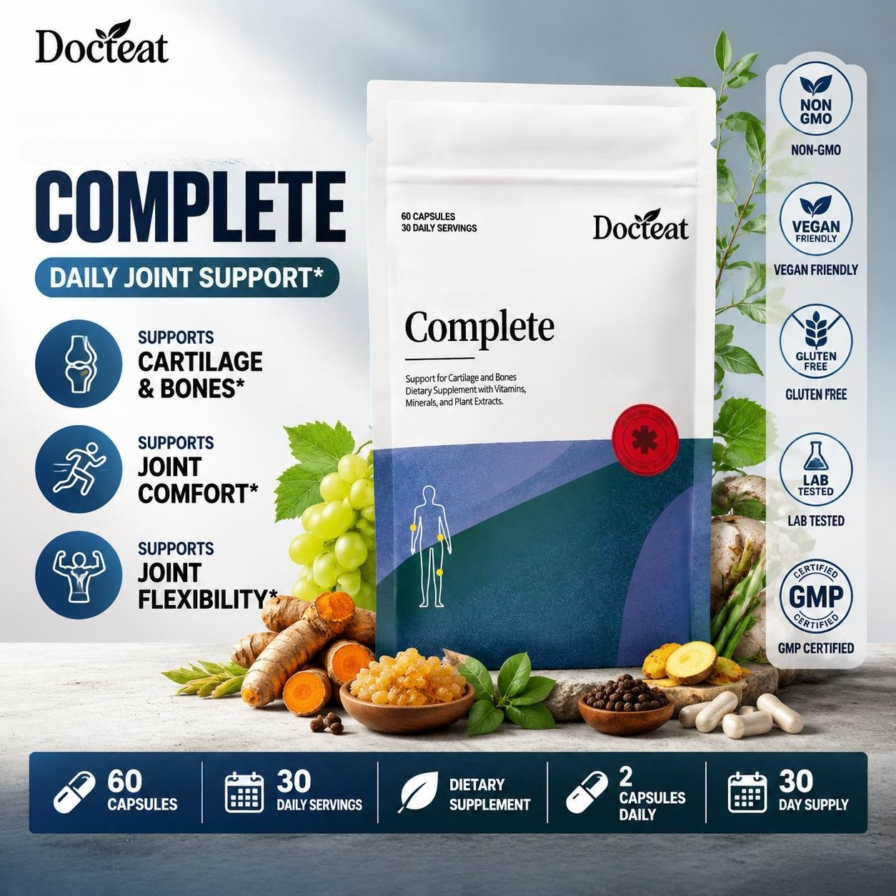 Docteat グルコサミン硫酸塩とコンドロイチン硫酸を含むコンプリート カプセル、軟骨と骨をサポート、60 カプセル