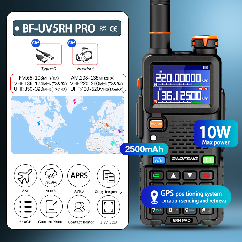 Baofeng UV-5RH PRO トランシーバー GPS マルチバンド AM FM Type-C ワイヤレスコピー周波数ハム双方向長距離通信ラジオ