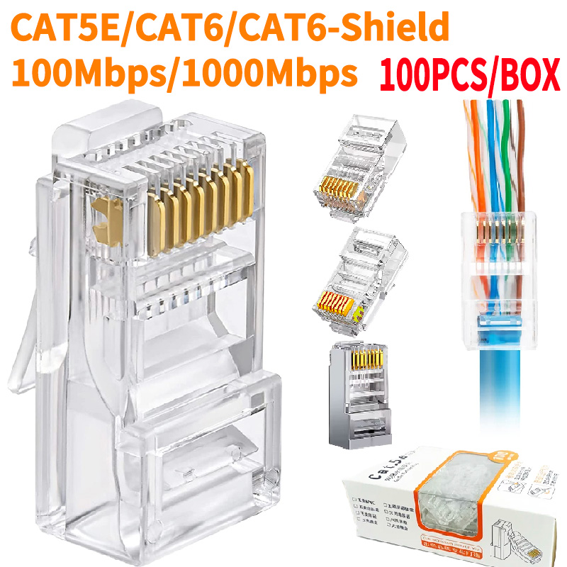 バルク 100 個 Cat5e/Cat6 RJ45 プラグエンド 金接点付き - 高速 100M/1000Mbps イーサネットケーブル LAN ケーブルコネクタ