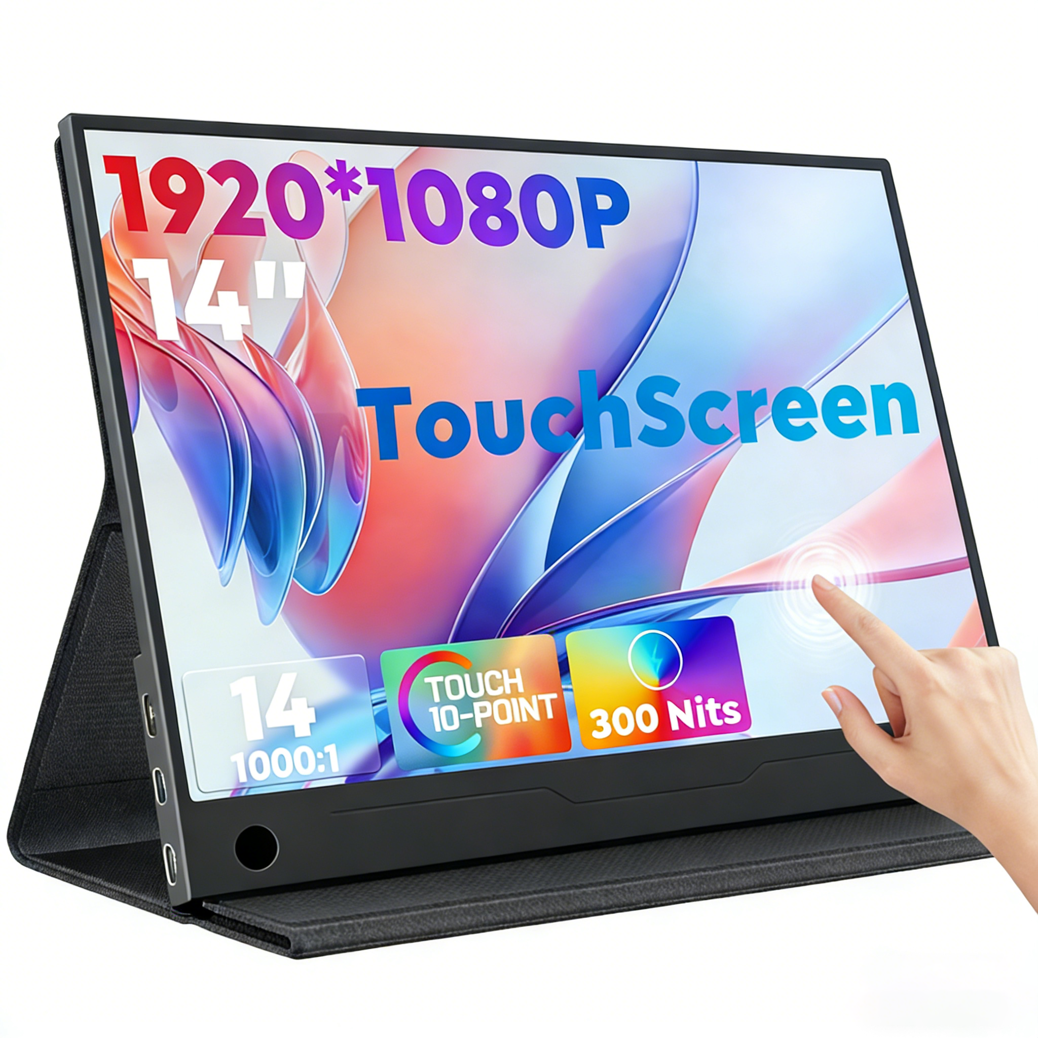 Amoudo 14 インチ タッチ ポータブル モニター 1920 × 1080P セカンド スクリーン FHD 軽量薄型 USB Type-C ミニ HDMI 拡張画面