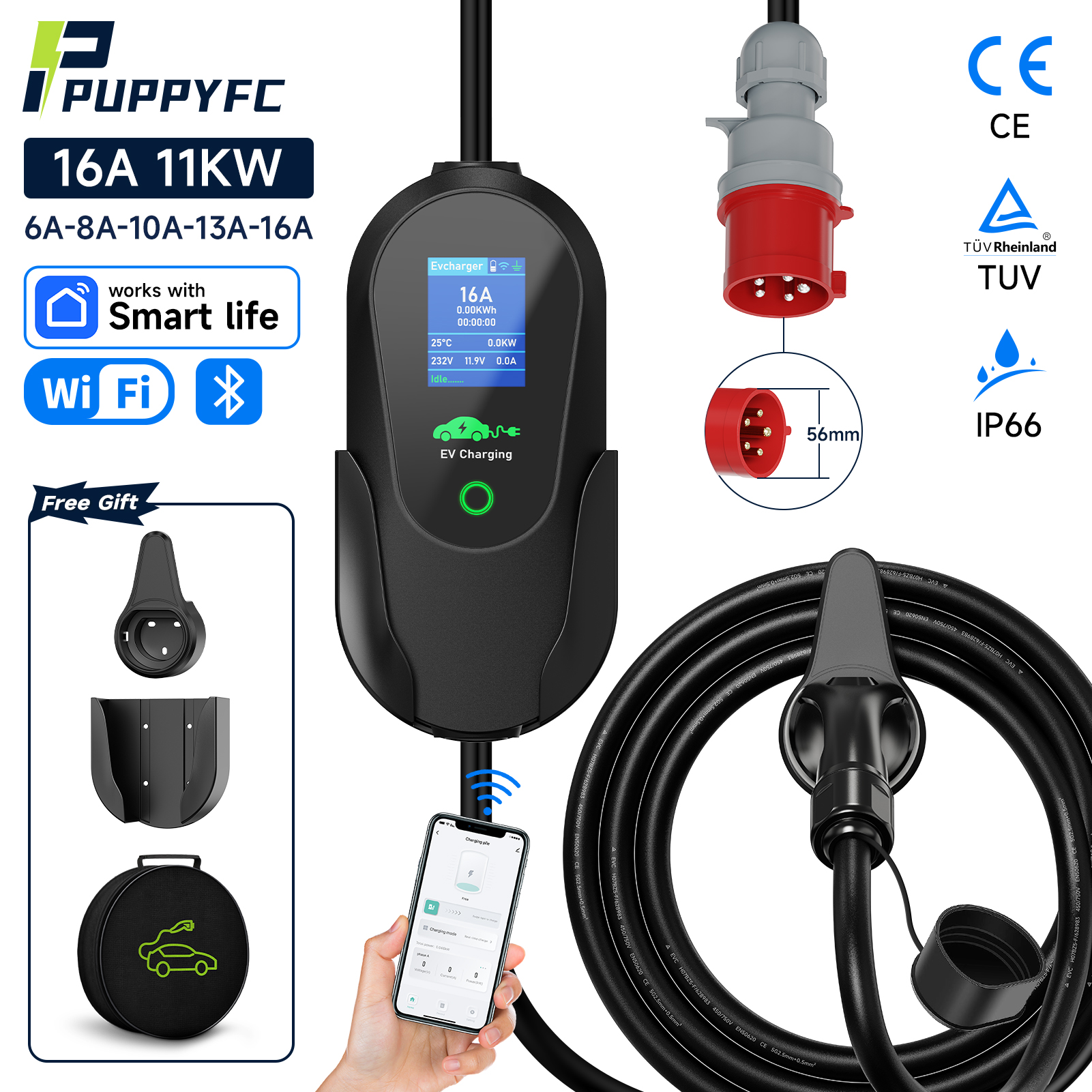 Puppyfc ポータブル 11KW EV 充電器 Type2 16A 3 相急速充電 Type1/GBT スマート WiFi Bluetooth CEE プラグ 5 メートルケーブル電気自動車