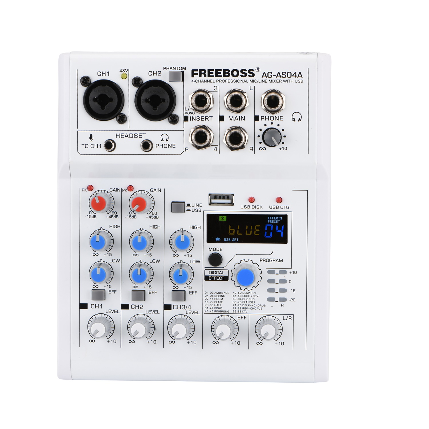 Freeboss ミキシングコンソールモバイルブロードキャスト 4 チャンネル Bluetooth PC USB 88 DSP デジタルエフェクトホワイトサウンドオーディオミキサー AG-AS04A
