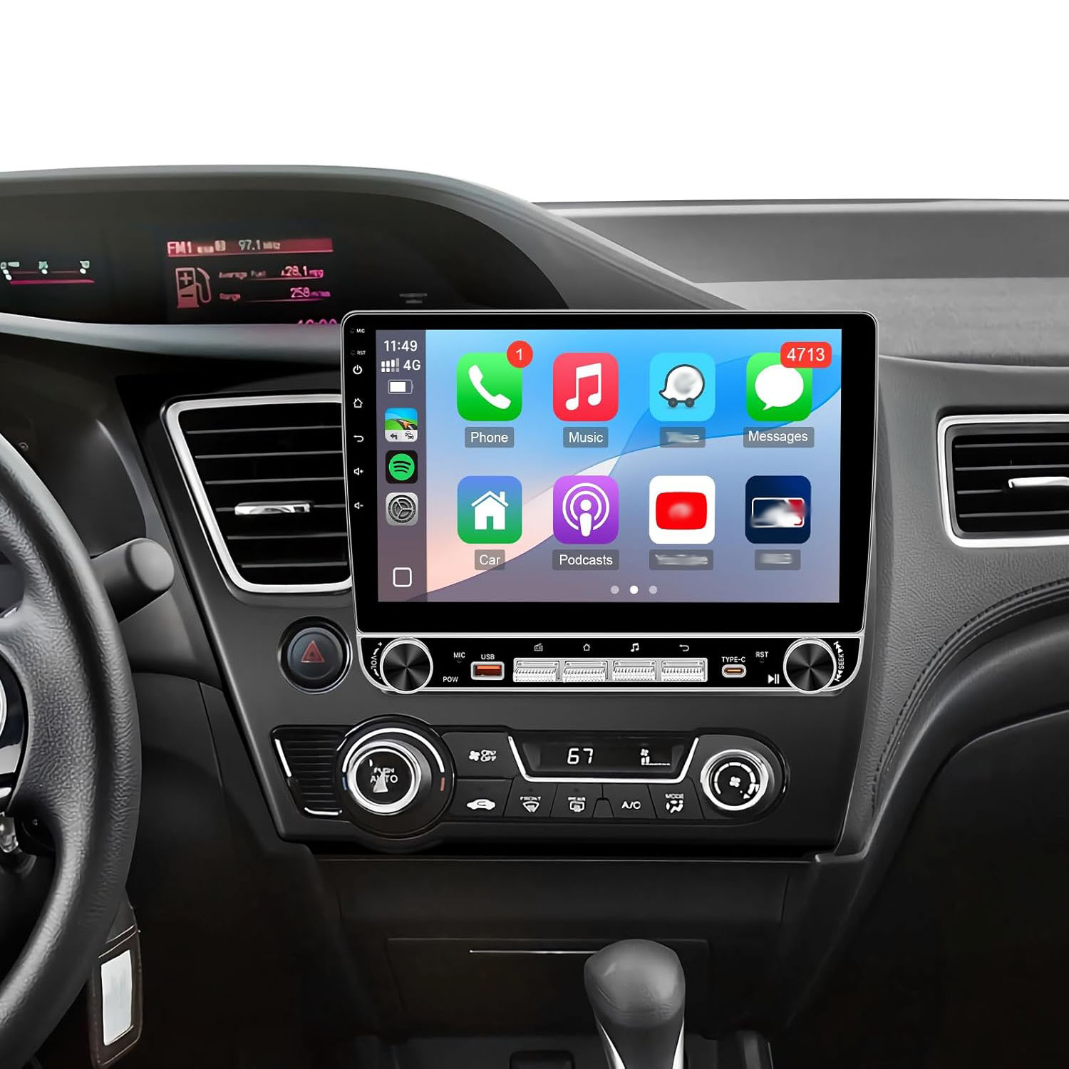 4G 64G Android カーステレオ ホンダ シビック 2013 2014 2015 2016 2017 ラジオアップグレード 10.1 インチ IPS スクリーン CarPlay Android 自動バックアップカメラ SWC 付き、ボタンスタイル