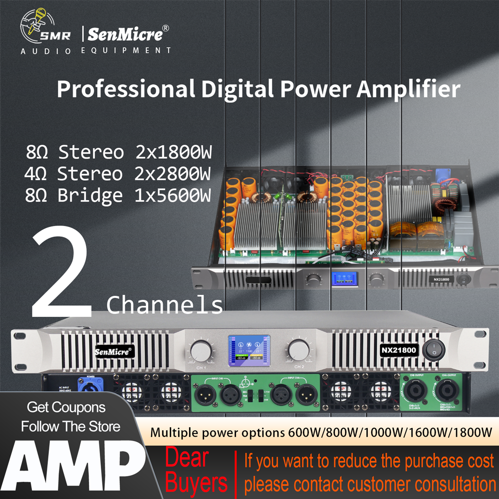 SenMicre NX21800 2x1800W 8ohm Professional Digital Power Amplifier 2 Channel 1U DJ Subwoofer Power Amplifier 2x2800W 4ohm