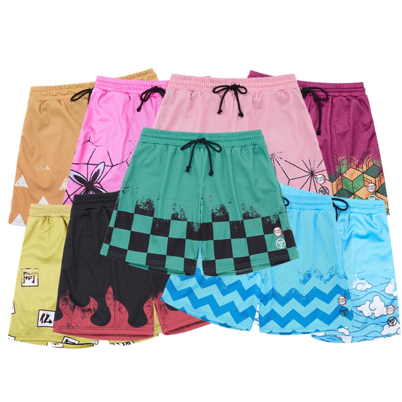 メンズ アニメ デーモン スレイヤー キャラクターにインスピレーションを得たメッシュ ショーツ 通気性 アスレチック ジム ショーツ 巾着付き カジュアル スポーツ ウェア用