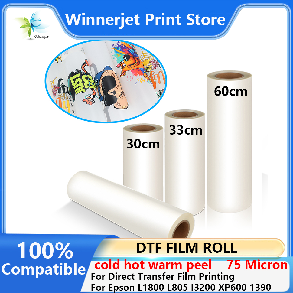 30 センチメートル 33 センチメートル 60 センチメートル * 100 メートル DTF PET フィルムロール T シャツに直接転写熱転写 DTF プリンタ A3 A2 コールドホットウォームピール PET フィルムロール