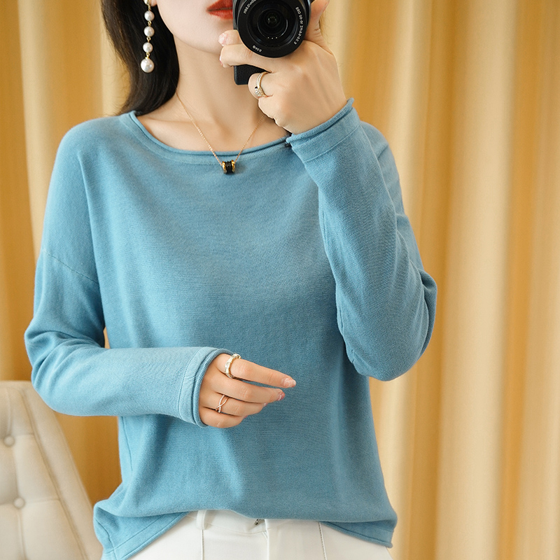 綿 100% 女性ニットセーター圧着エッジ O ネックプルオーバー底純綿セーター春秋の新トップス服