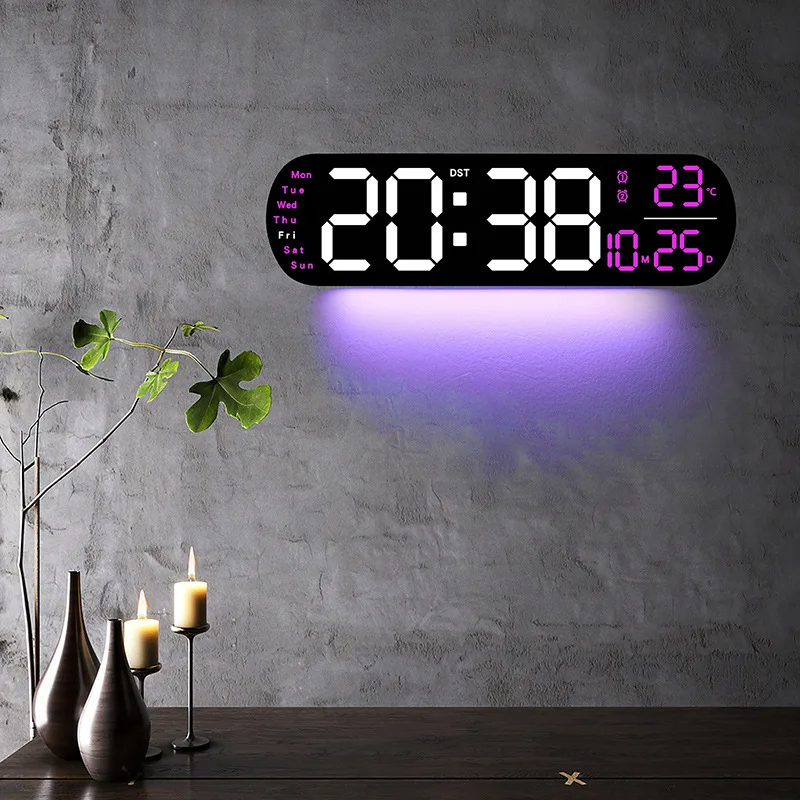 LED デジタル壁時計リモコンアンビエントライト時間日付温度表示目覚まし時計家庭用リビングルームの装飾