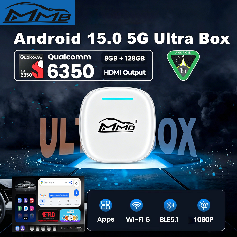 Android15 MMB ウルトラスマートボックスワイヤレス Carplay ワイヤレス Android 自動ビデオアダプタ QCM6350 WiFi 5G LTE AI ボックス Youtube