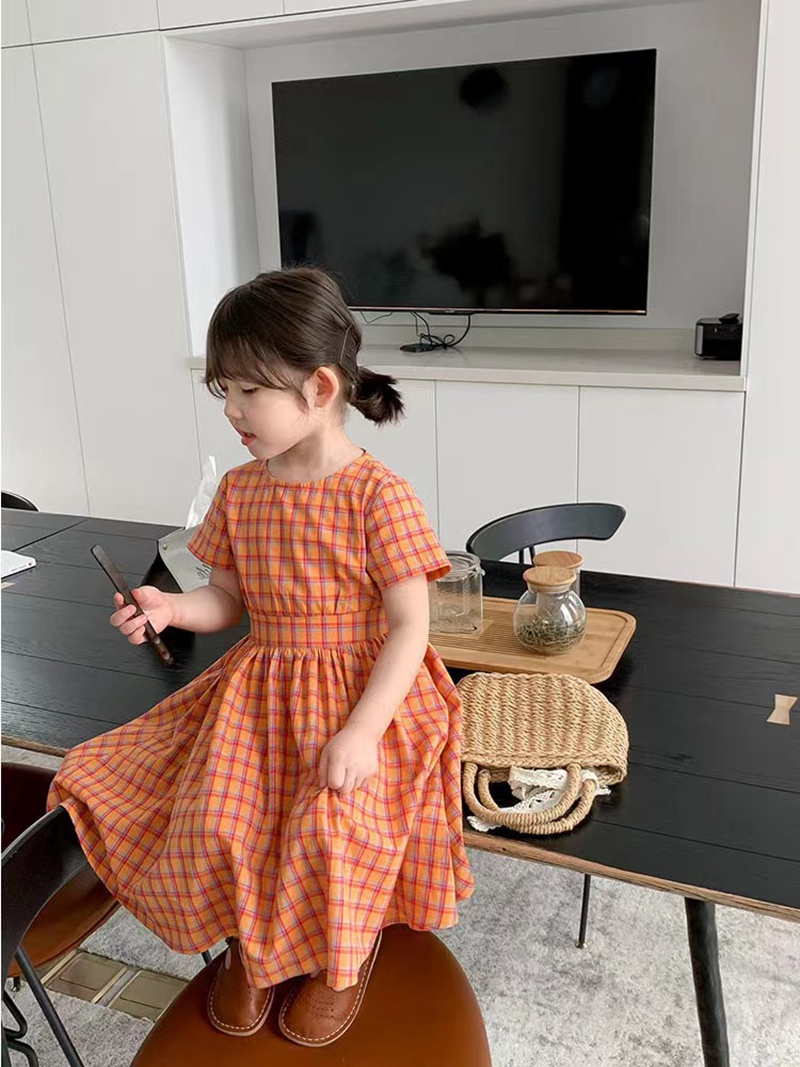 女の子チェック柄ドレス子供夏甘い弓スカート子供のスカート 3-8 歳子供服