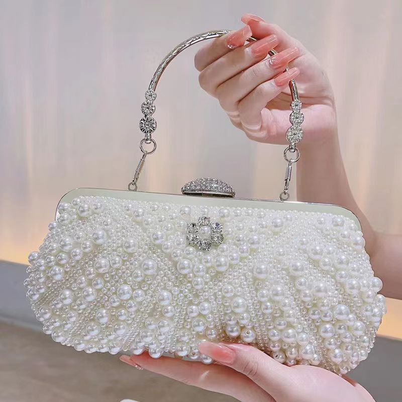 ビーズ女性イブニングバッグ刺繍シェルフラワーダイヤモンドウエディングクラッチハンドルパールハンドバッグ