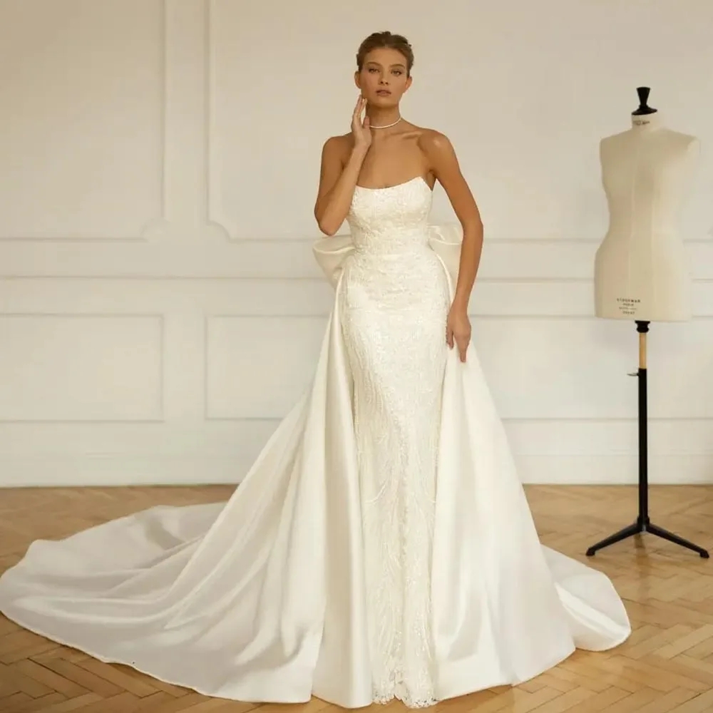 Gelinlik ボートネックマーメイドウェディングドレス 取り外し可能なトレーン スパンコール付き ビーズ 高級 Vestidos De Novia ヴィンテージ ブライダルドレス