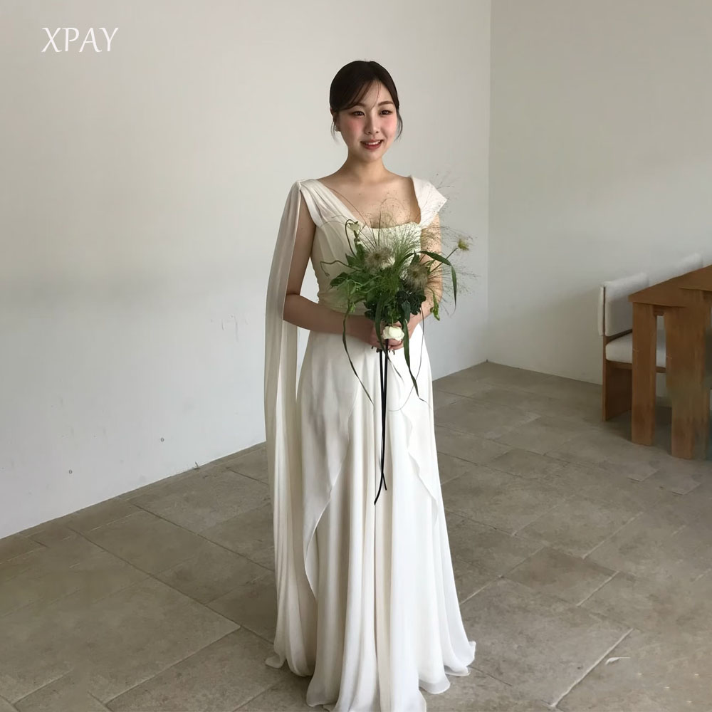 XPAY シンプルなスクエア襟ソフトシフォンのウェディングドレス韓国写真撮影床の長さの花嫁ドレスリボン無地レセプションドレス